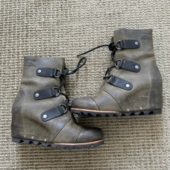 SOREL Joan Of Arctic Leather Wedge Boot Mid Calf Distressed Brown - Picture 4 of 6